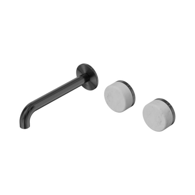 Nero Serenity wall basin set in gun metal with offset spout and two Carrara marble-style handles, front view on white background