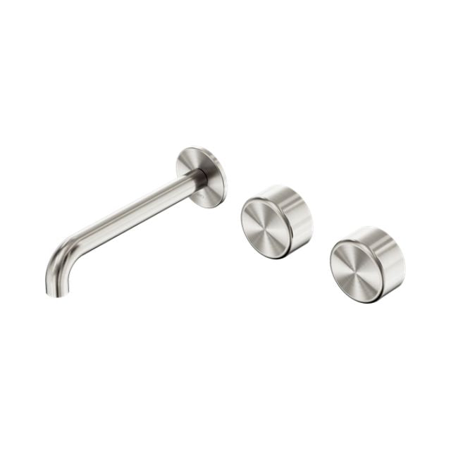 Nero Serenity brushed nickel wall basin set with 185mm offset spout and two round metal handles, 3 piece tap set
