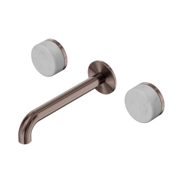 Nero Serenity wall basin set in brushed bronze with Carrara marble handles and 185mm spout, wall-mounted on white background