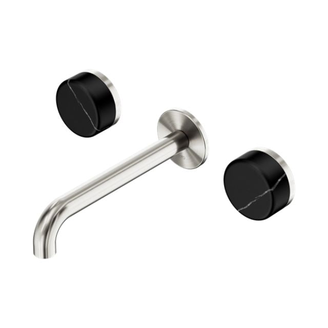 Nero Serenity wall basin set in brushed nickel with black marble handles and 185mm spout, wall-mounted tapware