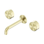 Nero Serenity wall basin set in brushed gold with 185mm spout and two metal handles, wall-mounted three-piece tap set