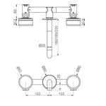 Technical drawing of Nero Serenity wall basin set, brushed nickel 185mm spout with round handwheels and 60mm plates, dimensions shown