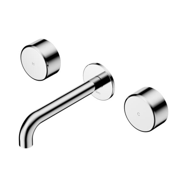 Nero Serenity chrome wall basin set with 185mm spout and two metal handles, three-piece bathroom tap set
