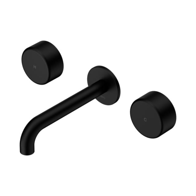 Nero Serenity matte black wall basin set with 185mm spout and two round metal handles on white background