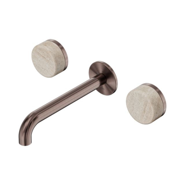 Nero Serenity wall basin set in brushed bronze with Rome travertine handles and 185mm spout, shown on white background