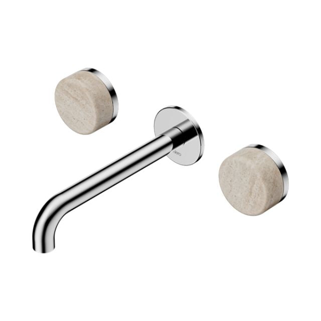 Nero Serenity wall basin set in chrome with 185mm spout and two round Rome travertine handles on white background