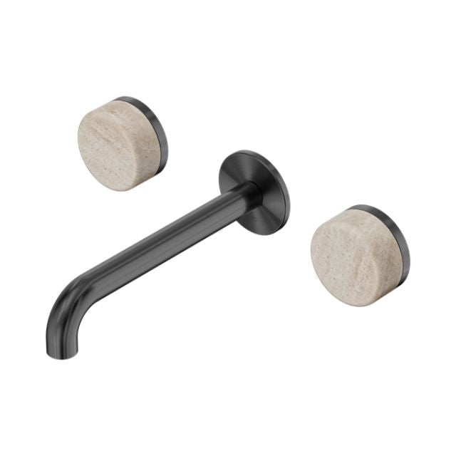 Nero Serenity wall basin set in gun metal with 185mm spout and Rome travertine handles, three-piece wall-mounted tapware