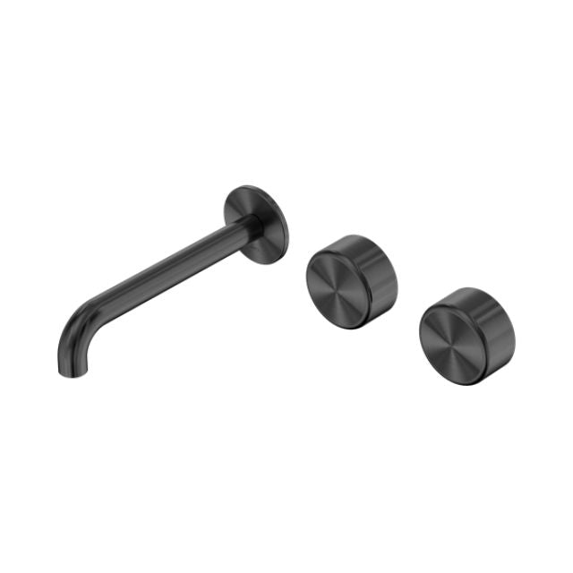 Nero Serenity wall basin set in gunmetal, with 220mm offset spout and two round metal handles on white background