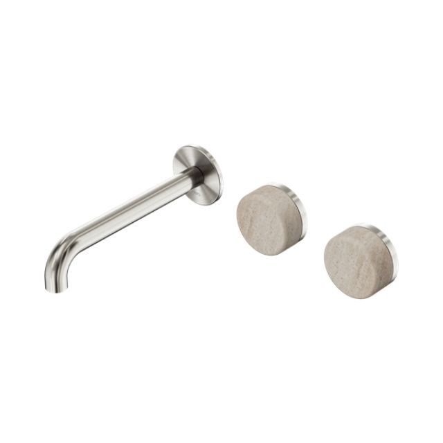 Nero Serenity wall basin set with offset spout and travertine handles, brushed nickel finish