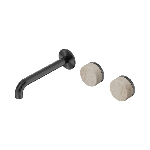 Nero Serenity wall basin set in gun metal with offset spout and travertine round handles, wall-mounted 3-piece tap set