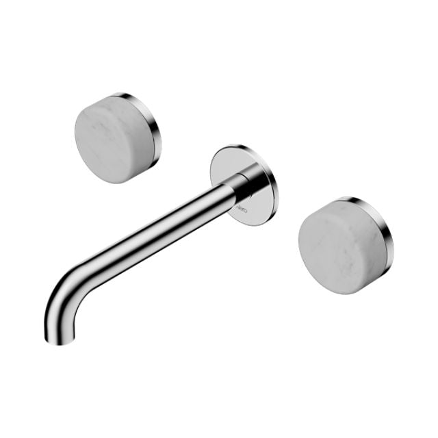Nero Serenity chrome wall basin set with 220mm spout and Carrara marble handles, three-piece tapware set
