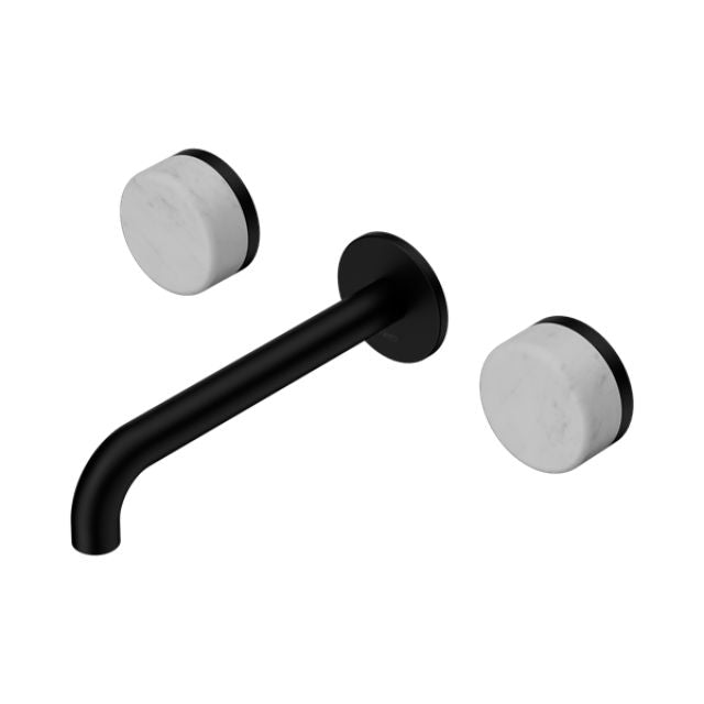 Nero Serenity wall basin set in matte black with 220mm spout and Carrara marble handles