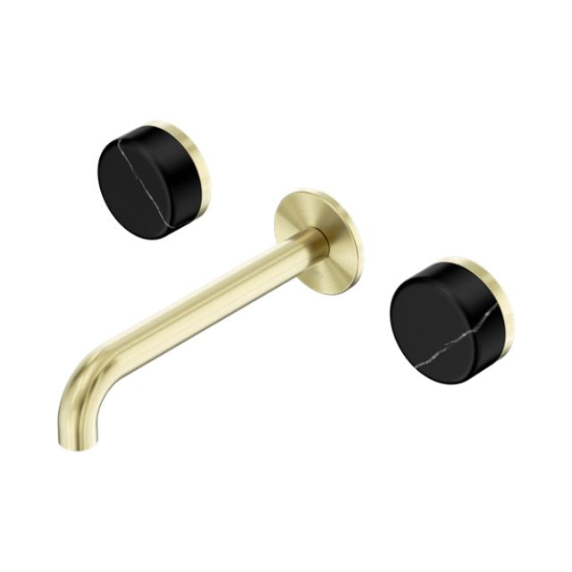 Nero Serenity wall basin set with 220mm brushed gold spout and black Marquina handles, 3 piece wall-mounted tap set
