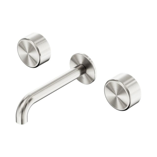 Nero Serenity brushed nickel wall basin set with 220mm spout and two round metal handles on white background