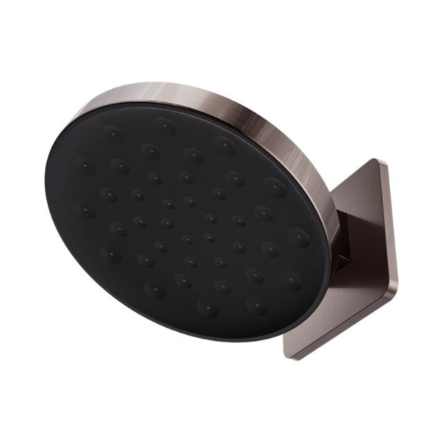 Nero Serenity wall shower head in brushed bronze, round wall-mounted shower head with black face and square backplate