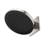 Nero Serenity wall shower head in brushed nickel, round wall-mounted shower rose with black faceplate on white background