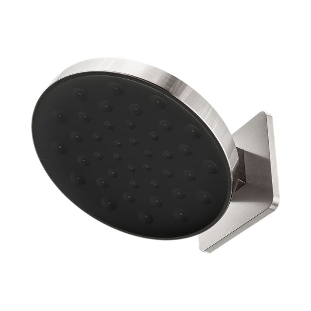 Nero Serenity wall shower head in brushed nickel, round wall-mounted shower rose with black faceplate on white background