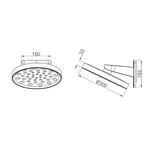 Nero Serenity wall shower head technical drawing, brushed nickel, round 300mm face with adjustable wall arm and 180mm backplate