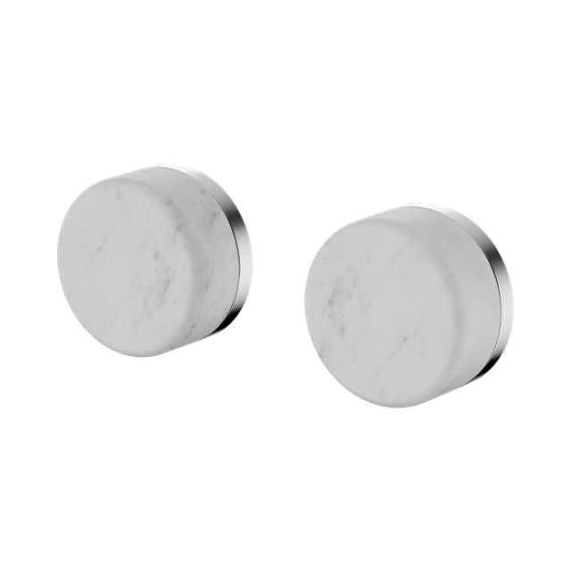 Nero Serenity wall top assembly with Carrara marble handles and chrome finish, shown as two round tap handles on white background