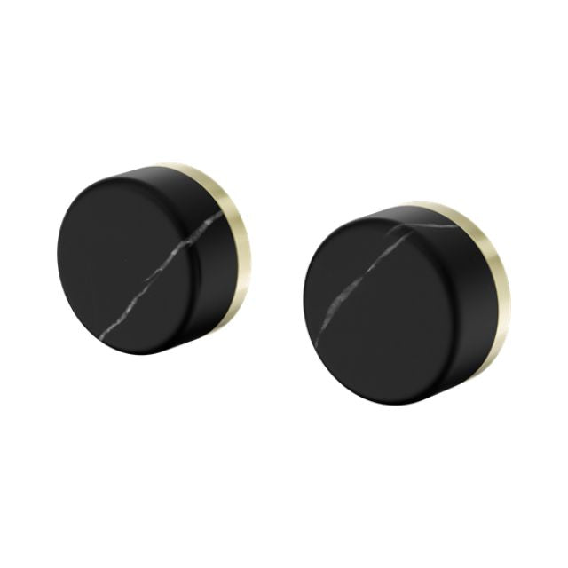 Nero Serenity wall top tap handles, brushed gold with Marquina black stone finish, pair of round knobs