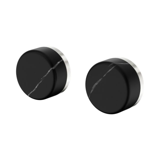 Nero Serenity wall top assembly handles, brushed nickel with Marquina black stone, pair on white background