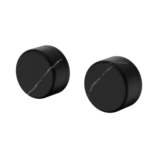 Nero Serenity wall top assembly, matte black with Marquina Black stone handles, pair of round tap knobs