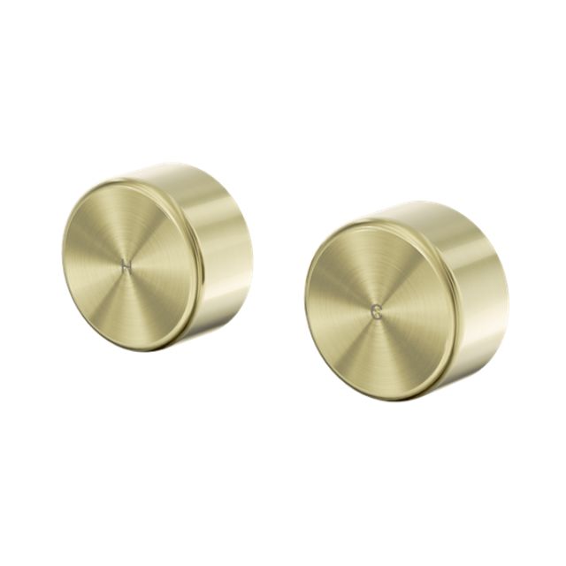 Nero Serenity brushed gold wall top assembly handles, round metal tap heads on white background