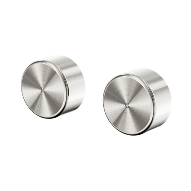 Nero Serenity brushed nickel wall top assembly handles, pair of round tap knobs on white background