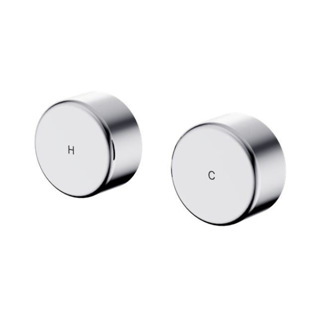 Nero Serenity chrome wall top assembly with metal handle, pair of round tap knobs marked H and C