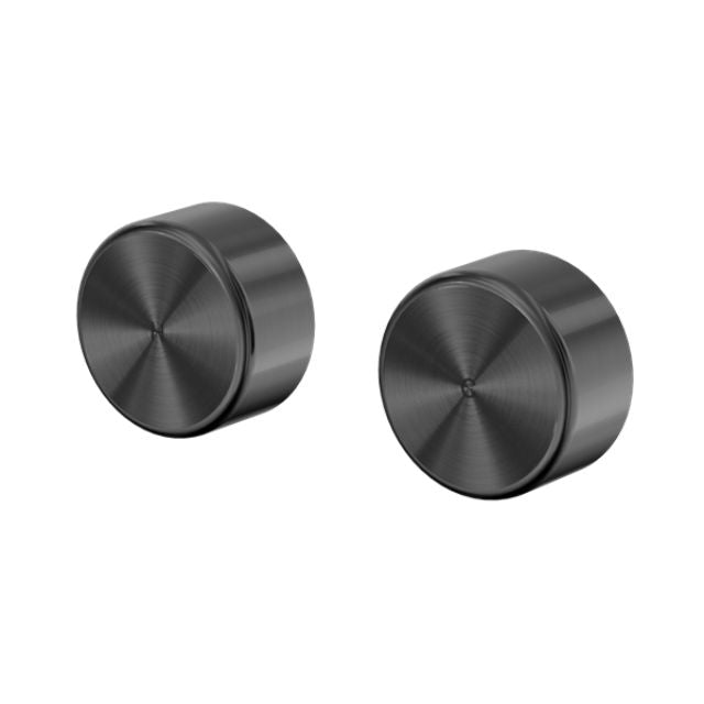 Nero Serenity wall top assembly in gun metal, pair of round metal tap handles on white background