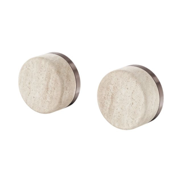 Nero Serenity wall top assembly handwheels in brushed bronze with Rome travertine stone finish, pair on white background