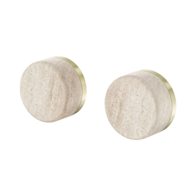 Nero Serenity wall top assembly handles in brushed gold with Rome travertine stone, shown as two round knobs on white background