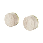 Nero Serenity wall top assembly handles in brushed gold with Rome travertine stone, shown as two round knobs on white background