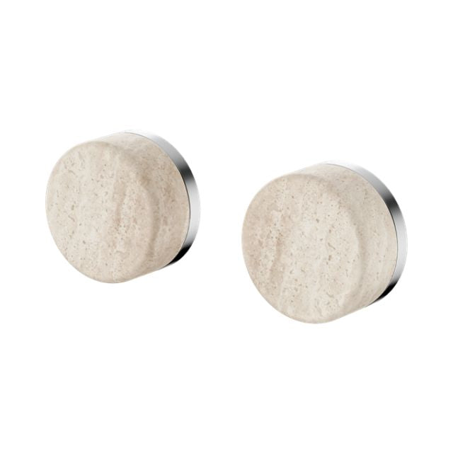 Nero Serenity wall top assembly, chrome with Rome Travertine handles, two round taps on white background