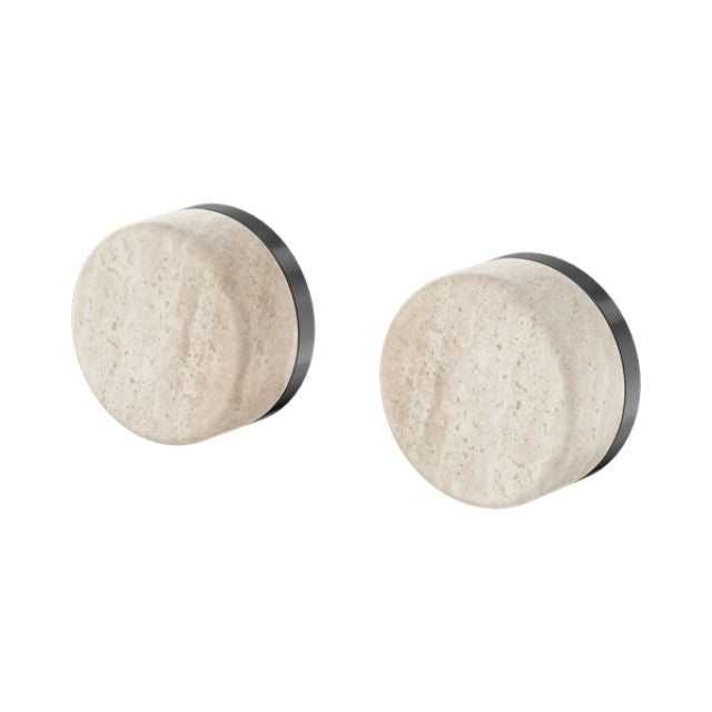 Nero Serenity wall top assembly, gun metal with Rome travertine handles, two round tap knobs on white background
