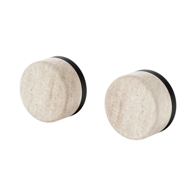 Nero Serenity wall top assembly handwheels with Rome travertine handles and matte black backing, shown on white background