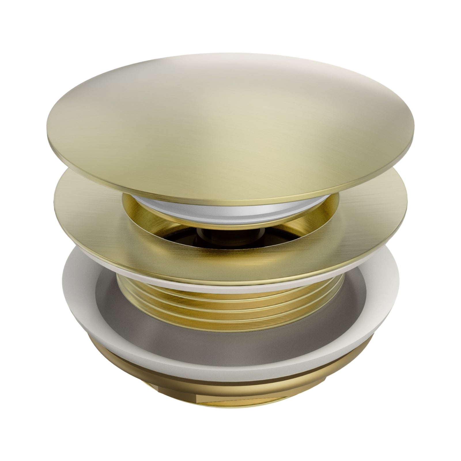 Nero Short Pop Up Bath Waste 40mm in brushed gold, round brass plug and waste, isolated on white background