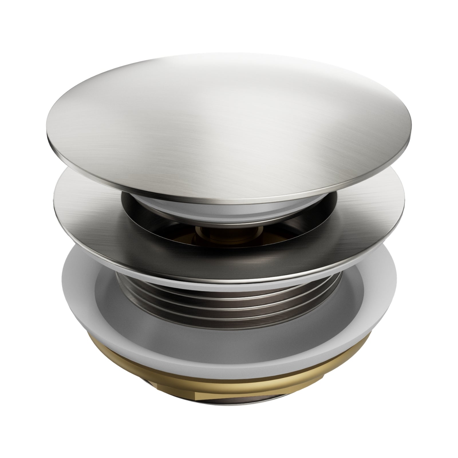 Nero short pop up bath waste in brushed nickel, round plug and waste, isolated on white background