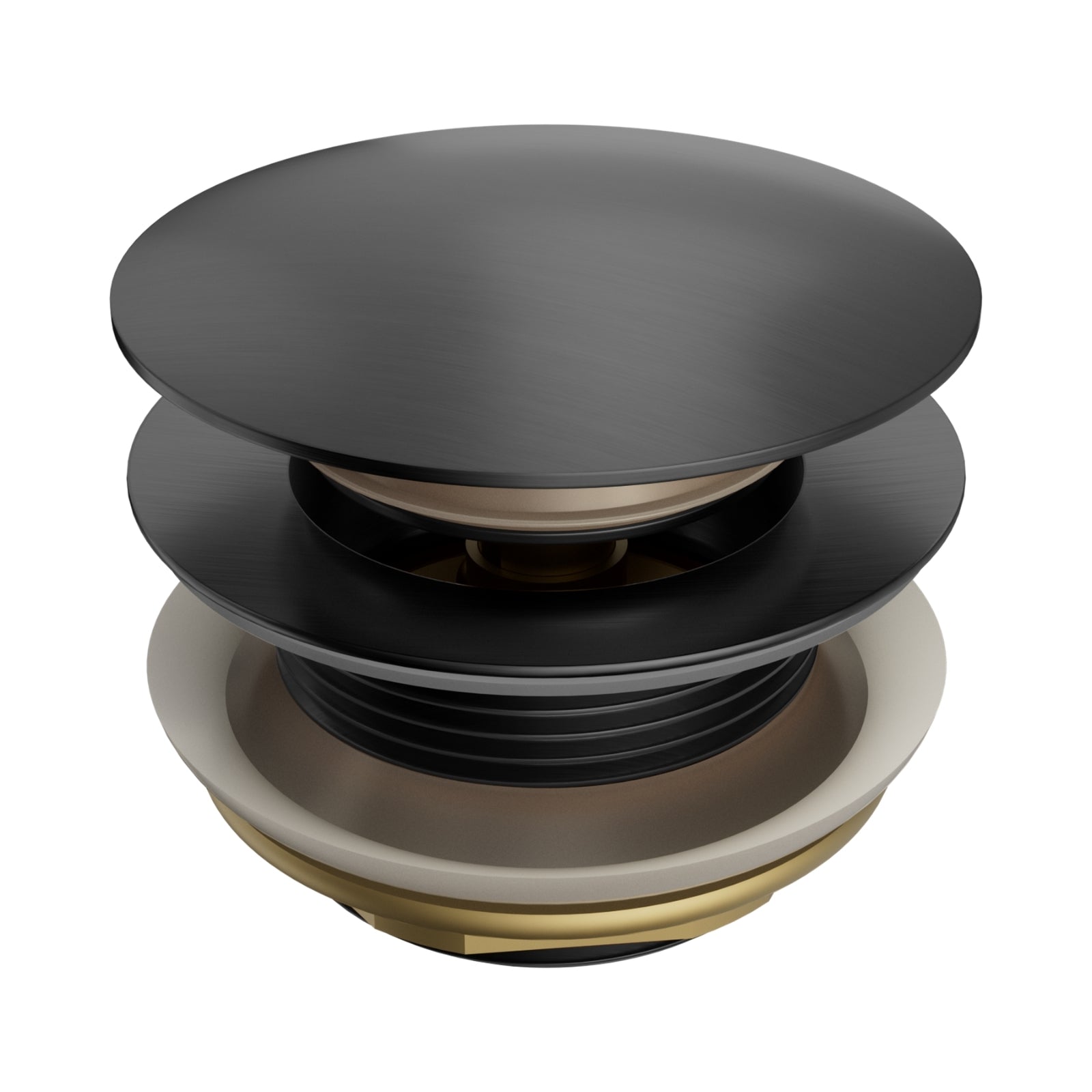 Nero Short Pop Up Bath Waste 40mm in gun metal, round brass waste shown front on with layered pop-up plug components