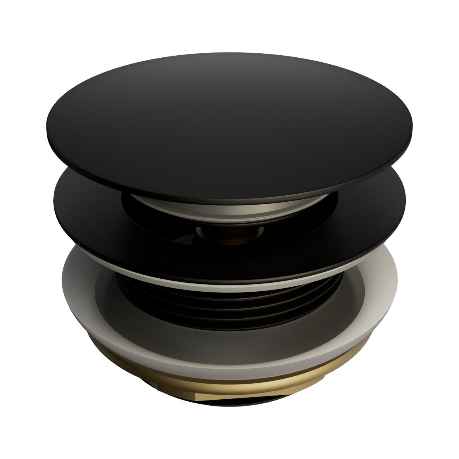 Nero Short Pop Up Bath Waste, matte black, round brass plug and waste, front view on white background