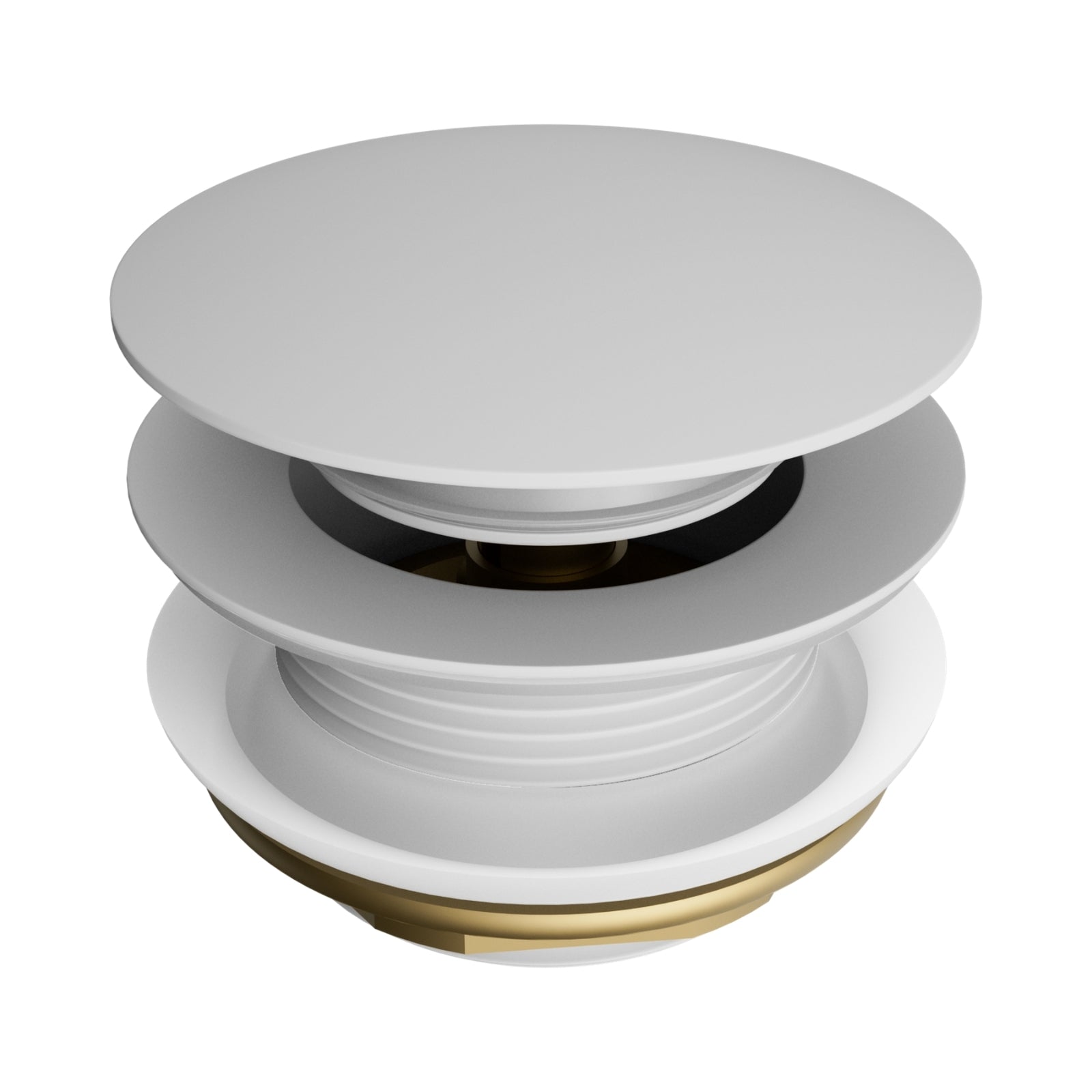 Nero Short Pop Up Bath Waste 40mm in matte white, shown in a front product view with round cap and brass body underneath