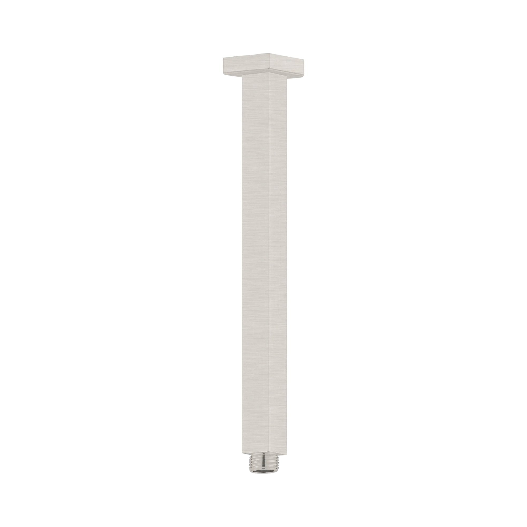 Nero square ceiling shower arm 300mm in brushed nickel, shown front on white background