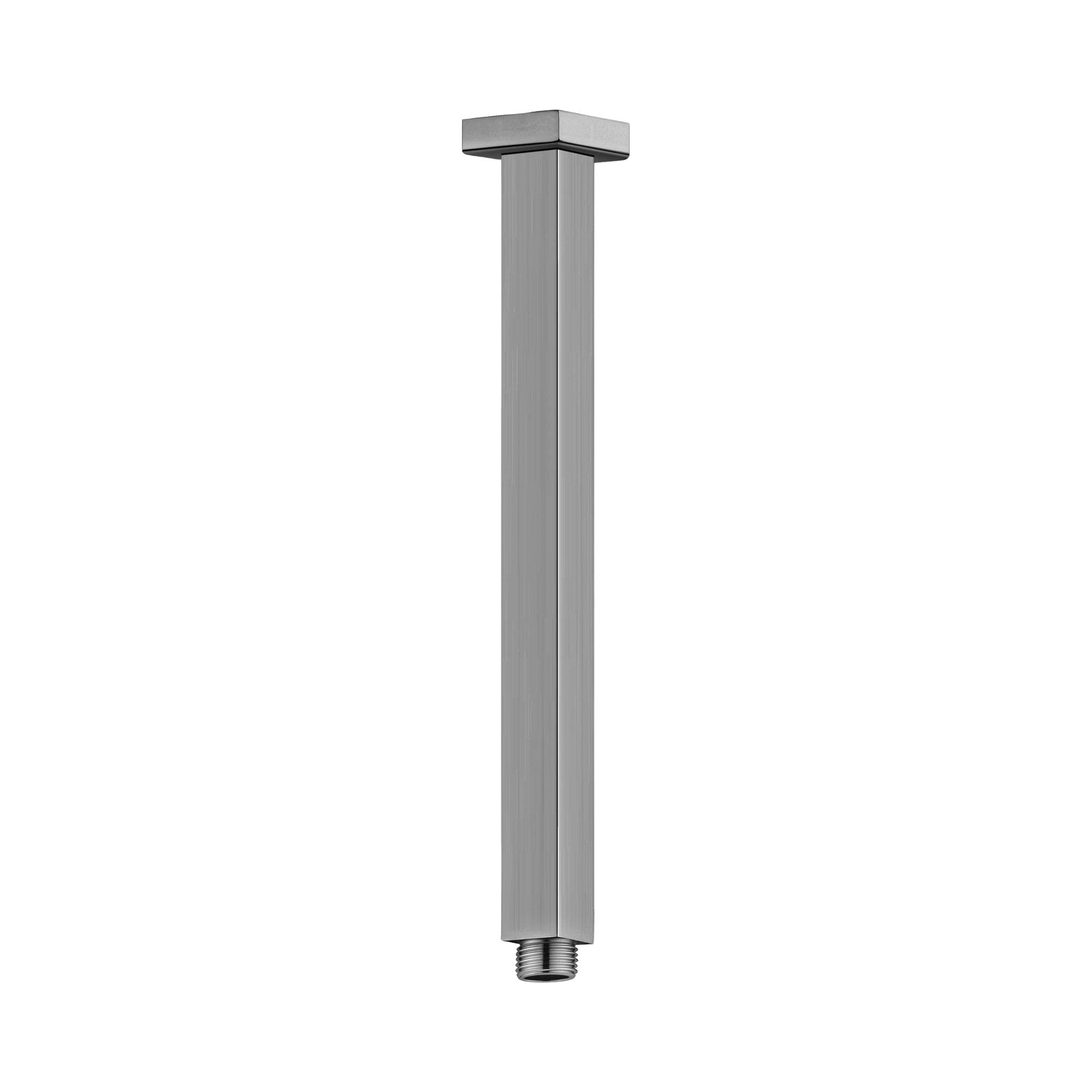 Nero square ceiling shower arm, 300mm length, gun metal finish, with ceiling plate and threaded end on white background