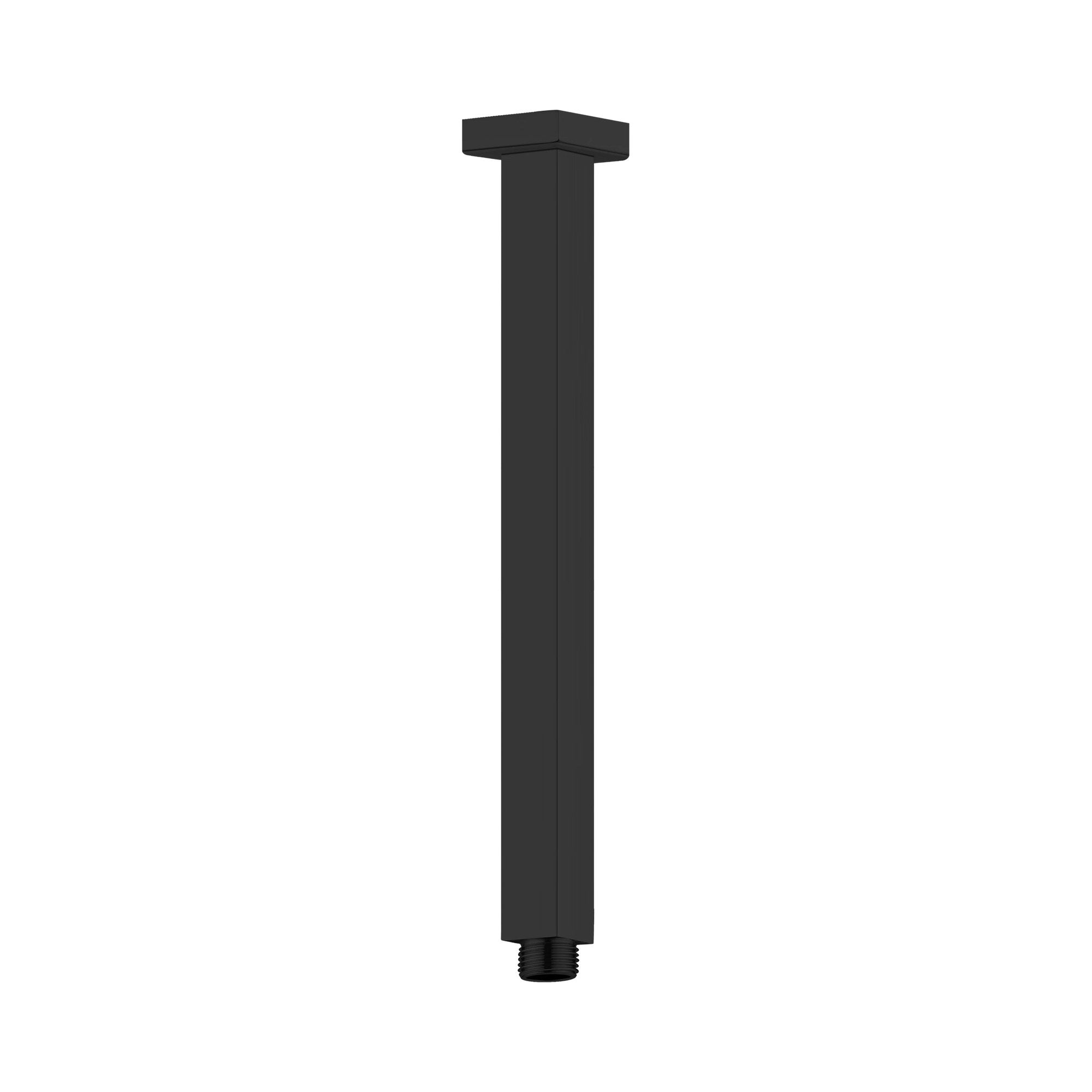 Nero square ceiling shower arm 300mm in matte black, ceiling-mounted brass arm with threaded end on white background