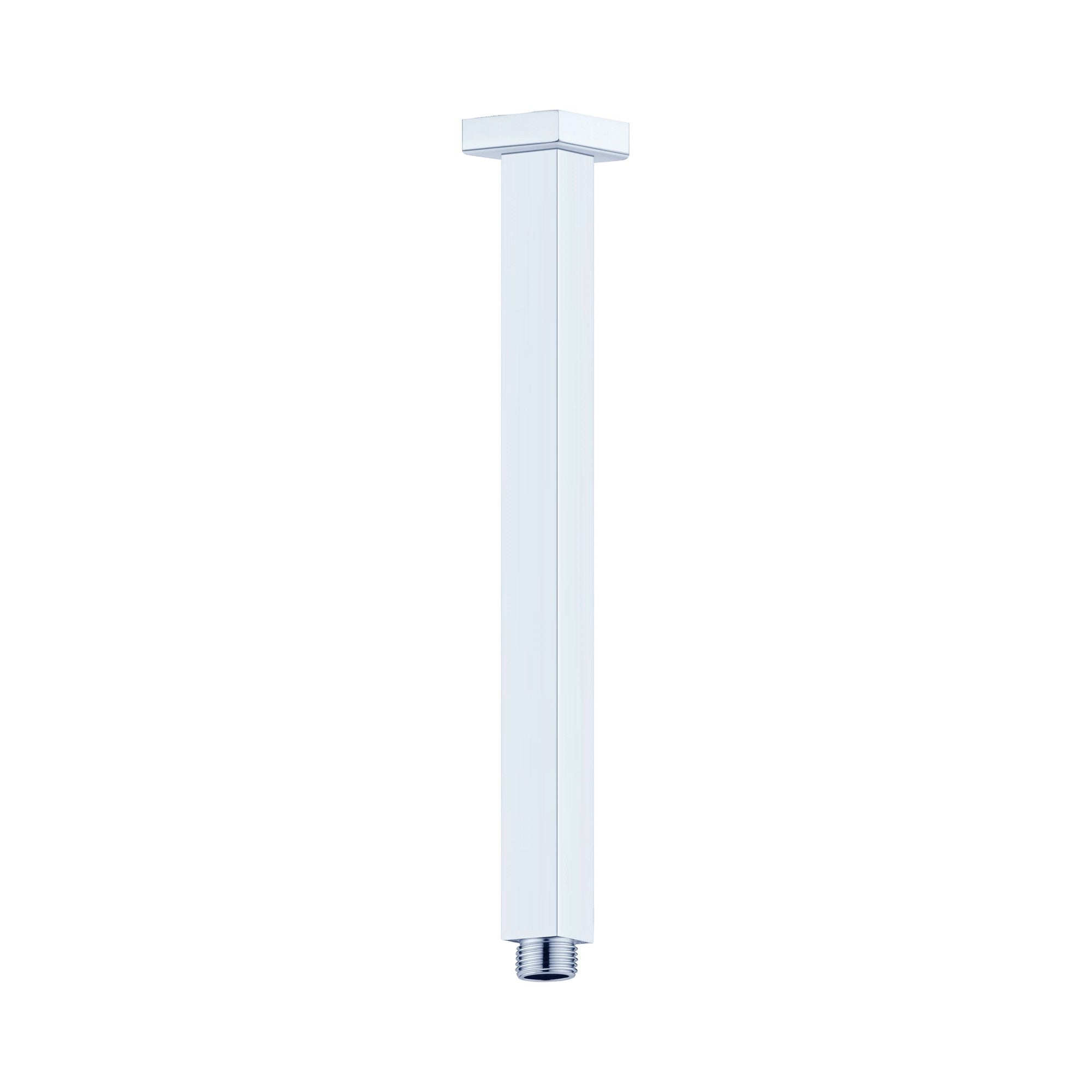 Nero Square ceiling-mounted shower arm, 450mm, chrome finish, with square ceiling plate and threaded end, isolated on white