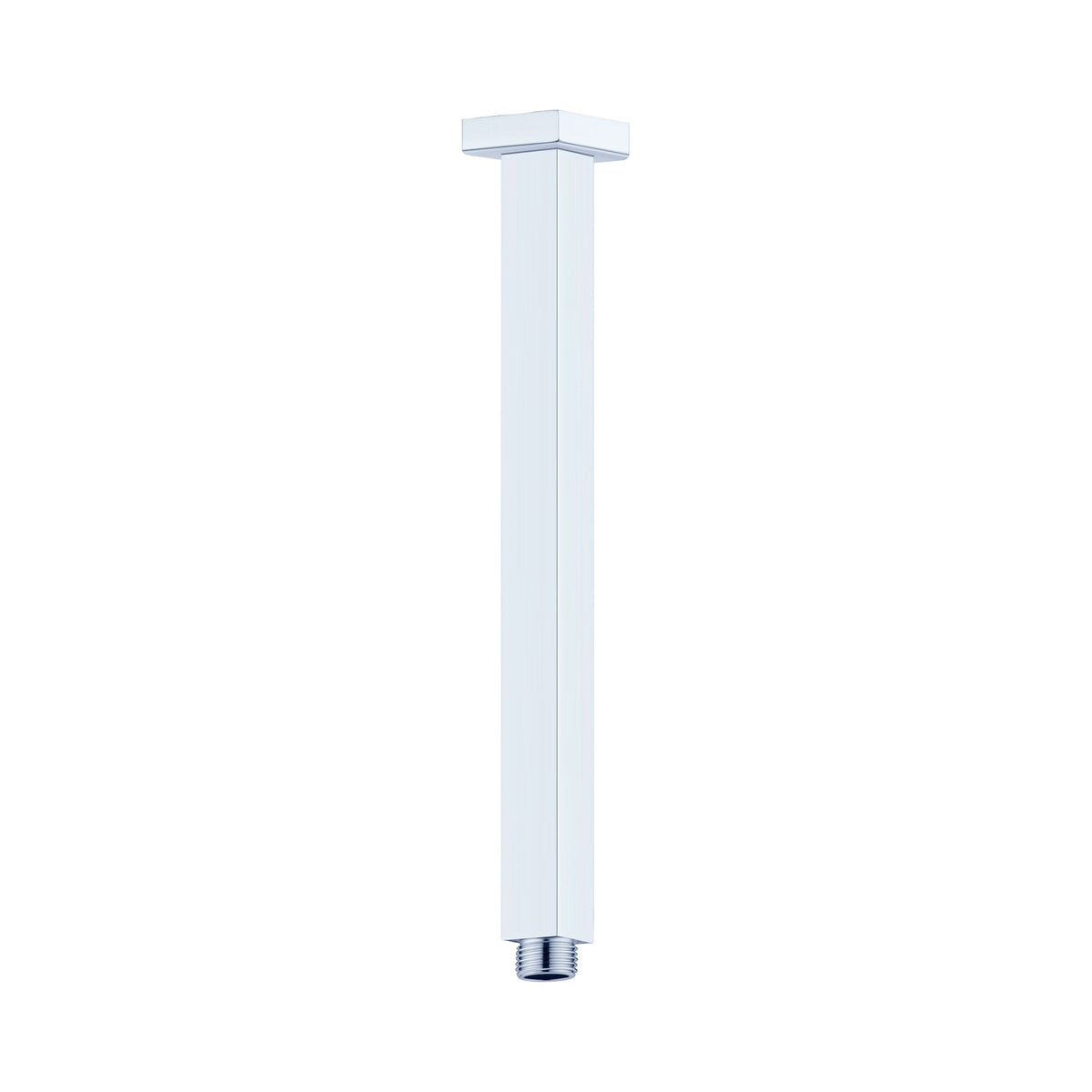 Nero Square ceiling-mounted shower arm, 450mm, chrome finish, with square ceiling plate and threaded end, isolated on white