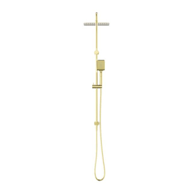 Nero Square Project twin shower in brushed gold, with overhead rail and square handheld on wall-mounted rail