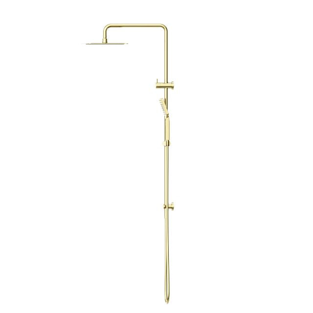 Nero Square Project twin rail shower in brushed gold, with overhead rose and adjustable hand shower on a wall-mounted rail