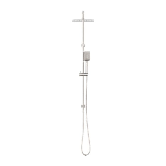 Nero Square Project twin rail shower in brushed nickel, with overhead and square handheld shower on wall-mounted rail