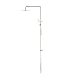 Nero Square Project twin shower in brushed nickel, with overhead round rose and adjustable handset on wall rail